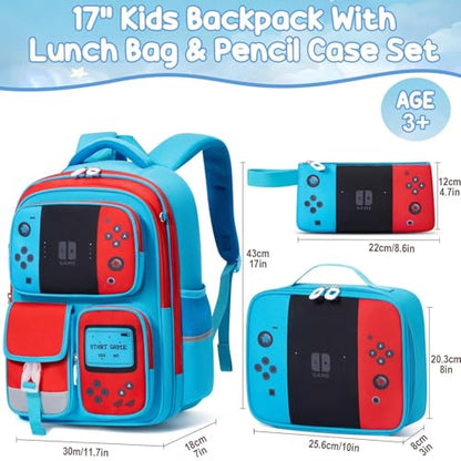 Fimibuke Kids Backpack for School Boys, 3 PCS Gamer Teen Boys Backpack with Lunch Box & Pencil Case, Gaming Bookbag for Kid Children Student Kindergarten Elementary Middle High School Travel Backpacks - color: Blue