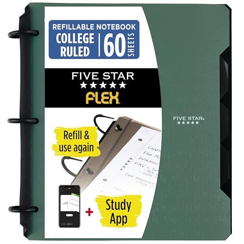 Five Star Flex Refillable Notebook + Study App, College Ruled Paper and 1 Inch TechLock Ring Binder with Pockets, Tabs and Dividers, 200 Sheet Capacity, Seaglass Green (293280AQ8) - color: Green, size: 1 Count (Pack of 1)