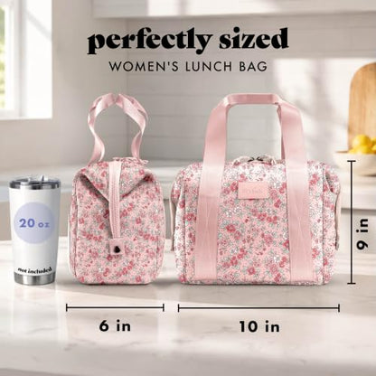 Fit & Fresh Remi Lunch Bag for Women Work – Neoprene Lunch Tote with Containers & Ice Pack, Reusable Meal Prep Lunch Box, Large Capacity, Machine Washable - color: Pink Ditsy Flowers
