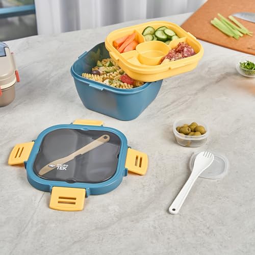 Restaurantware-Bento Tek 57.5 Ounce Bento Box, 1 Reusable Lunch Container - With Fork And Knife, Does Not Contain BPA, Blue And Yellow Plastic Reusable Lunch Box, Microwavable, Dishwashable - size: 1 Count, style: 58 oz - Blue