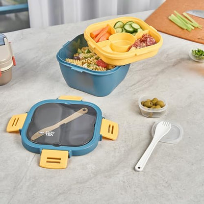 Restaurantware-Bento Tek 57.5 Ounce Bento Box, 1 Reusable Lunch Container - With Fork And Knife, Does Not Contain BPA, Blue And Yellow Plastic Reusable Lunch Box, Microwavable, Dishwashable - size: 1 Count, style: 58 oz - Blue
