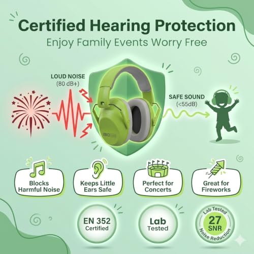 ISOtunes JUNIOR DEFENDER Noise Cancelling Headphones for Kids, 20 dB Kids Ear Protection Ear Muffs for Noise Reduction - color: Kids Green