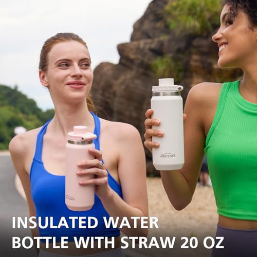 Greylock 20 oz Insulated Water Bottle with Straw Lid, Reusable Stainless Steel Sports Water Bottles with Foldable Handle, Leak Proof, Double-Wall Vacuum Insulation, 24 Hours Cold (White) - color: White, size: 20 Ounces