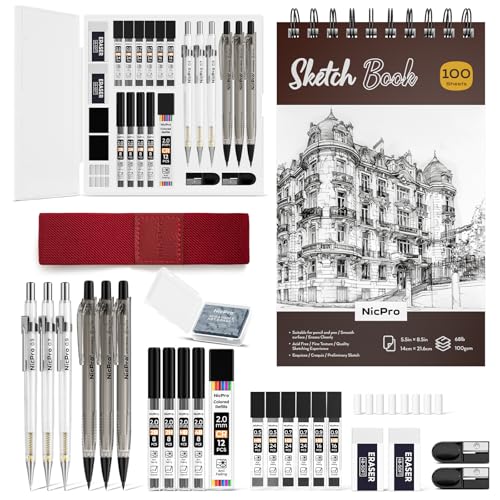 Nicpro 26PCS Art Drawing Supplies Kit, Mechanical Pencils Set 0.5, 0.7, 0.9 & 2mm, 100 Sheets Sketch book, 172PCS Lead Refills, School Supplies Gifts for Artist Adults Teens Girls Boys Sketching