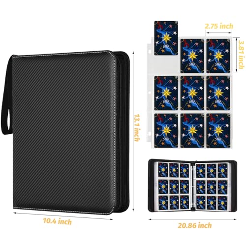 900 Pockets Round Ring Trading Card Binder, 9-Pocket Clear Zipper Card Album with Wrist Strap, Holds 900 Standard TCG & Sports Cards, Not Fit Top Loaders (Carbon Black) - color: 9 Pocket 900 Carton Black