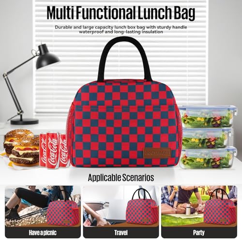 Lunch Bag Women/Men Lunch Box Women/Men (Dark blue+Red Checkerboard) | Spacious Lightweight Waterproof Sturdy Durable Great Value For Office Work School Picnic Travel - color: Dark blue+Red Checkerboard