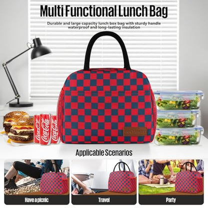 Lunch Bag Women/Men Lunch Box Women/Men (Dark blue+Red Checkerboard) | Spacious Lightweight Waterproof Sturdy Durable Great Value For Office Work School Picnic Travel - color: Dark blue+Red Checkerboard