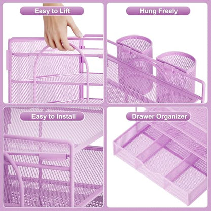 Marbrasse 4-Trays Desk File Organizer with 2 Pen Holder, Desktop Hanging File Holder with Drawer, Paper Letter Tray Organizer (Purple) - color: Purple with Pen Holder