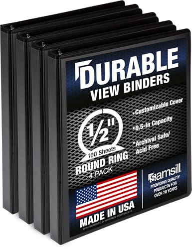 Samsill Durable .5 Inch Binder, Made in the USA, Round Ring Customizable Clear View Binder, Black, 4 Pack (MP48410) - color: Black, size: 0.5-Inch