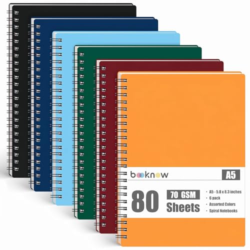 BOOKNOW 6PCS Spiral Notebooks with Waterproof Covers, A5 Line College Ruled Spiral Notepads Colors Assortment Design Hardcover Notebooks for School Office Work, 5.8x 8.3 Inch, 480 Sheets/960 Pages