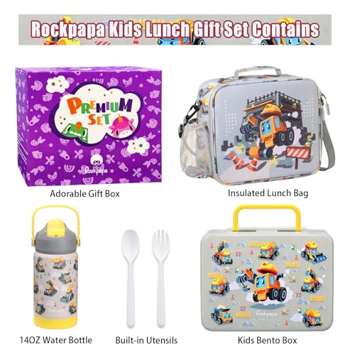 rockpapa Kids Lunch Box Set with 14oz Insulated Water Bottle & Lunch Bag, Leakproof 5.5 Cups Bento Box for School & Children, BPA-Free, Microwave Safe for Boys Girls (Grey Constr Turcks) - color: Grey Constr Turcks
