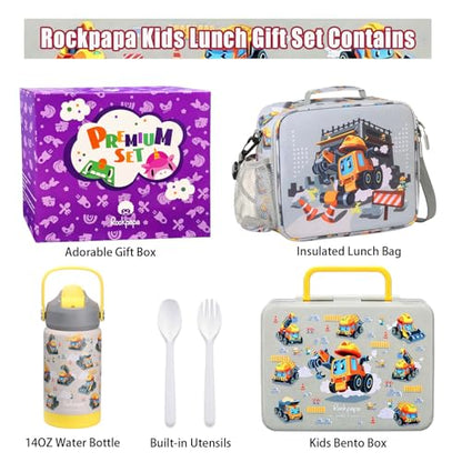 rockpapa Kids Lunch Box Set with 14oz Insulated Water Bottle & Lunch Bag, Leakproof 5.5 Cups Bento Box for School & Children, BPA-Free, Microwave Safe for Boys Girls (Grey Constr Turcks) - color: Grey Constr Turcks