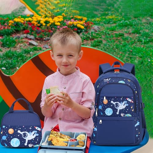 ACESAK Boys Backpack - Astronaut Bento Box with Insulated Lunch Bag Pencil Case & Utensils Set for Kids, 6 Leakproof Compartments Removable Tray Lunches or Snack Container - color: Astronaut