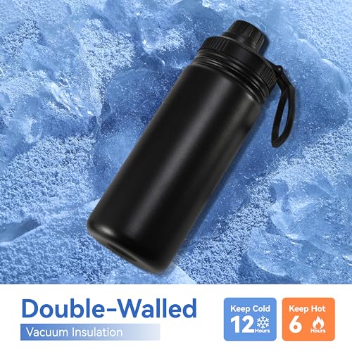 DOMICARE 16 oz Kids Water Bottle for School Stainless Steel Double Wall Vacuum Insulated Water Bottle with Straw lids & Spout Lid, Leakproof BPA Free （Black,4） - color: Black, size: 16oz/4 Pack