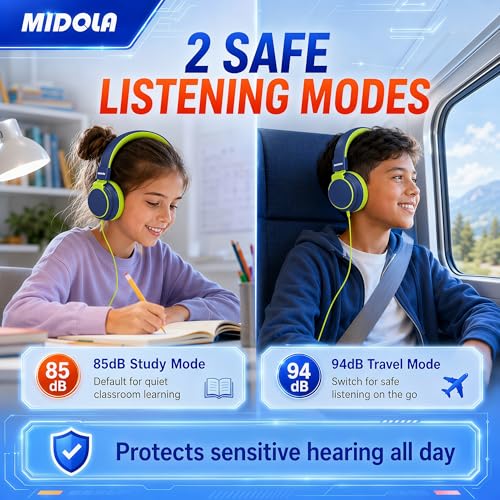 MIDOLA Kids Headphones for School Learning,Volume Limited 85/94dB, Foldable Lightweight Over-Ear Wired Headphones for Kids Toddler Girls Boys 3.5mm for Pad,Headsets with Built-in Mic DeepBlueSky - color: DeepBlueSky