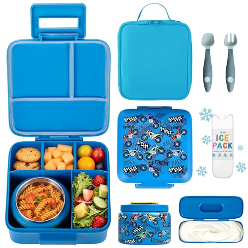 JXXM Bento Lunch Box for Kids With 8oz Soup thermo,Leak-proof Lunch Containers with 5 Compartment,thermo Food Jar and Lunch Bag, Food Containers for School (A-Blue(Extreme Locomotive)) - color: Blue Extreme Locomotive
