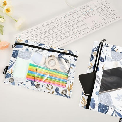 SUABO Turtle Pencil Pouch for 3 Ring Binder, 2 PCS Binder Pencil Pouch with Zipper, Clear Window Zipper Pencil Case Pencil Bags for Office Supplies - color: Turtle
