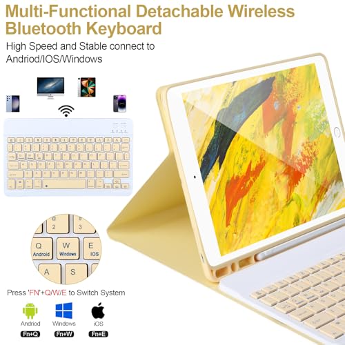 AHYWTAN Keyboard Case for iPad 9/8/7th Gen 10.2’’,Case with Keyboard ipad 10.2 inch,Detachable Bluetooth Keyboard with Pencil Holder,Yellow - color: Yellow