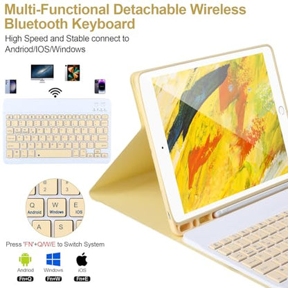 AHYWTAN Keyboard Case for iPad 9/8/7th Gen 10.2’’,Case with Keyboard ipad 10.2 inch,Detachable Bluetooth Keyboard with Pencil Holder,Yellow - color: Yellow
