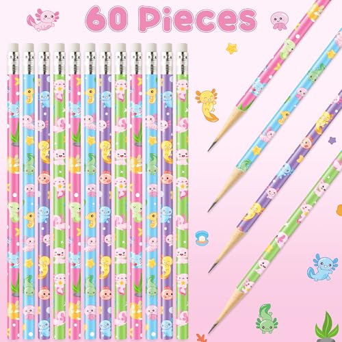 Xqumoi 60Pcs Cute Axolotl Pencils with Erasers - 4 Designs #2 HB Pencils in Bulk Axolotl Stationery for Studet Classroom Rewards Goodie Bag Fillers Stuffers, Birthday Party Favors School Supplies - style: Axolotl