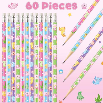 Xqumoi 60Pcs Cute Axolotl Pencils with Erasers - 4 Designs #2 HB Pencils in Bulk Axolotl Stationery for Studet Classroom Rewards Goodie Bag Fillers Stuffers, Birthday Party Favors School Supplies - style: Axolotl