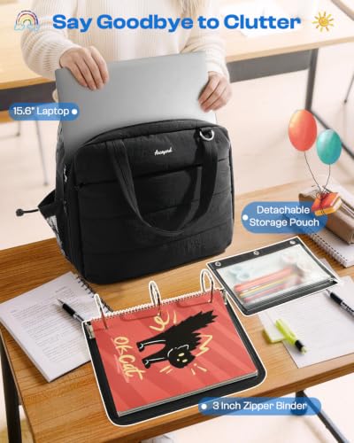 Puffer Zipper Binder 3 Ring with Pencil Pouch, 3" D-ring Binder with Zipper and Shoulder Strap, 600+ Sheets Capacity Zip Up Binder with 15.6" Laptop Pocket, Binder Bag for School College Office, Black - color: Black