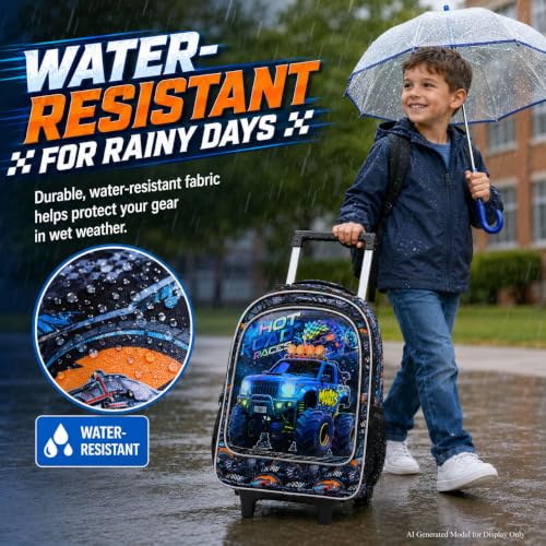 WZLVO 3PCS Boys Wheeled Backpack, 18" Truck Print Rolling Backpack for Kids, Includes Matching Lunch Bag & Pencil Bag - Blue Power Truck - color: 3PCS Boys Rolling Backpack - Blue Power Truck