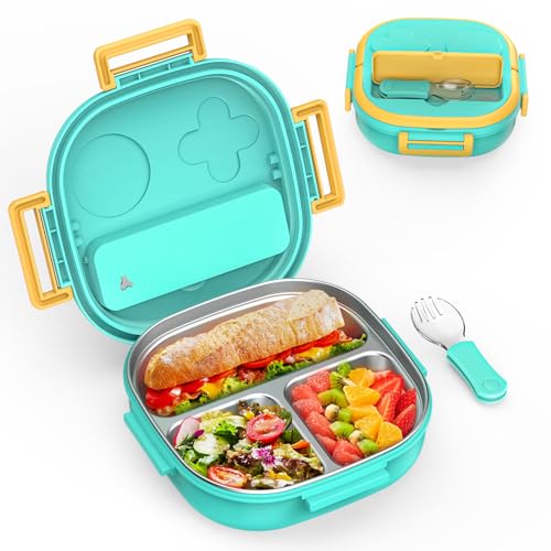 PEDECO Bento Box for Kids Stainless Steel - 3-Compartment - Complete Lunch Set with Portable Utensil - Ideal for Children Under 8 Years Old - Dishwasher Safe & BPA-Free(Green) - color: Stainless Steel-3-Compartment(Green), size: Big