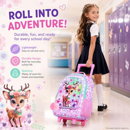 KLFVB Girls Rolling Bookbag, 3PCS Kids Roller Backpack with Lunch Bag, Wheeled School Bag for Children - Deer - color: Uv Printing Peach-blossom Deer Rolling Backpack