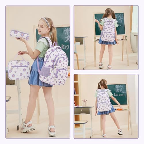 Glodwheat Daisy Printed Backpack For Girls- 3Pc Set With Lunch Box & Pencil Case, Lightweight Water-Resistant Bookbag For Elementary School - color: White