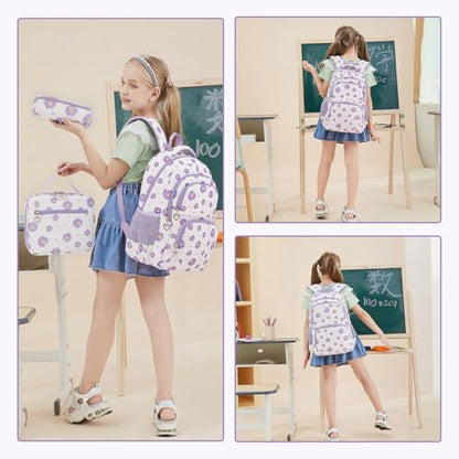 Glodwheat Daisy Printed Backpack For Girls- 3Pc Set With Lunch Box & Pencil Case, Lightweight Water-Resistant Bookbag For Elementary School - color: White
