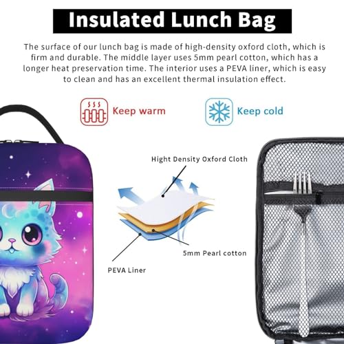 Galaxy Cute Cat Printed Insulated Lunch Box Portable Purple Lunch Bag with Detachable Handle,Reusable Lunchbox for Girls Boys Adults - color: Galaxy Cat
