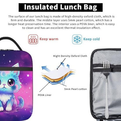 Galaxy Cute Cat Printed Insulated Lunch Box Portable Purple Lunch Bag with Detachable Handle,Reusable Lunchbox for Girls Boys Adults - color: Galaxy Cat