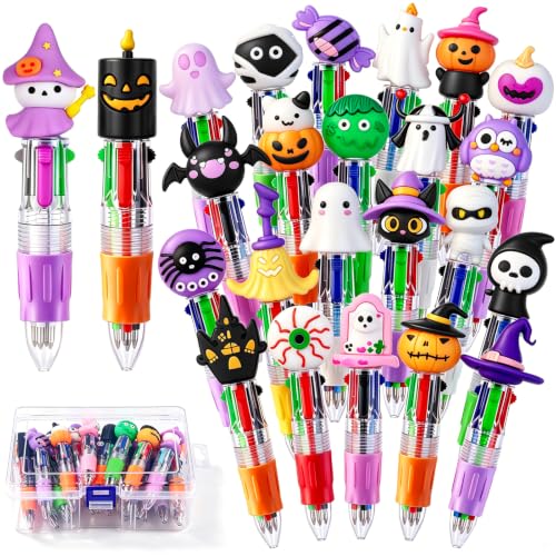 Vellibring 24 Pcs Halloween Pens 4-in-1 Mini Multicolor Retractable Ballpoint Pens Pumpkin Ghost Bat Witch Skull Cute Pens Halloween Party Favors Goodie Bag Fillers Classroom Rewards Stationery Gift - style: Cute Halloween-24pcs