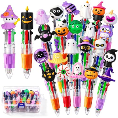 Vellibring 24 Pcs Halloween Pens 4-in-1 Mini Multicolor Retractable Ballpoint Pens Pumpkin Ghost Bat Witch Skull Cute Pens Halloween Party Favors Goodie Bag Fillers Classroom Rewards Stationery Gift - style: Cute Halloween-24pcs