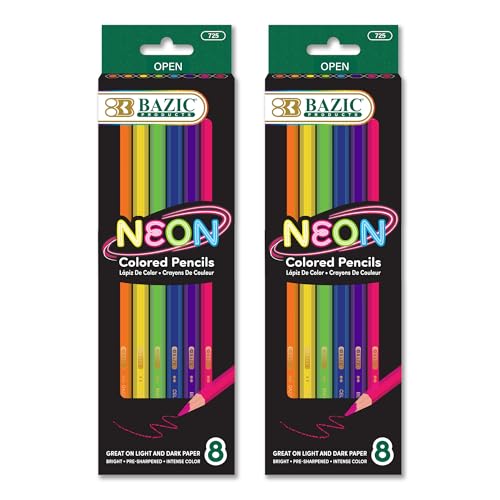 BAZIC PRODUCTS Neon Colored Pencils, Pre-Sharpened, 8 Count, 2-Pack | bright neon shades, pre-sharpened wood barrels, posters, dark-paper art, outlines, classroom projects - size: 1 Count (Pack of 2)