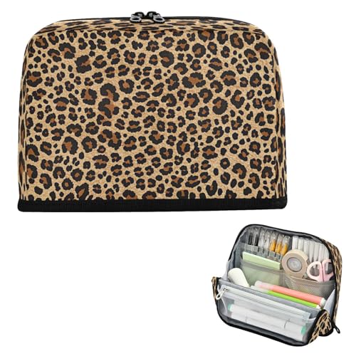 Brown Leopard Print Pencil Case Organizer, Large Capacity Stand-Up Pen Pouch with 3 Compartments, Foldable Makeup Bag for School Office Travel Supplies, 8.3 x 5.9 Inch - color: Leopard