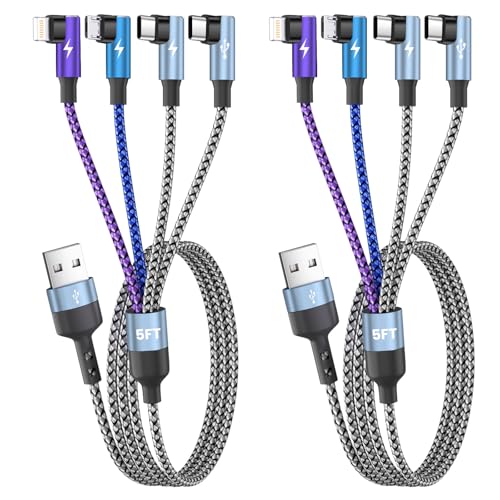 USB Multi Charging Cable 90 Degree BraidedCharging Cord 5FT 2Pack, 4 in 1 Car Charging Cable, Charging Cables for Multiple Devices Phone Charger Cord with Dual Type-C, Micro USB, IP Port for iPhone17 - color: Multi Color, size: 2Pack&5FT