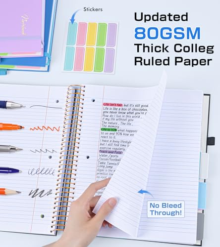 5 Subject Notebook College Ruled,80GSM Paper Thick Hardcover Spiral Notebook Lined Journal with Removable Dividers Tabs,400pages 8.5"x11" Paper Large Notebooks for School Work,3-Hole Punched, Black - color: Black