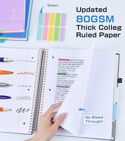 5 Subject Notebook College Ruled,80GSM Paper Thick Hardcover Spiral Notebook Lined Journal with Removable Dividers Tabs,400pages 8.5"x11" Paper Large Notebooks for School Work,3-Hole Punched, Black - color: Black