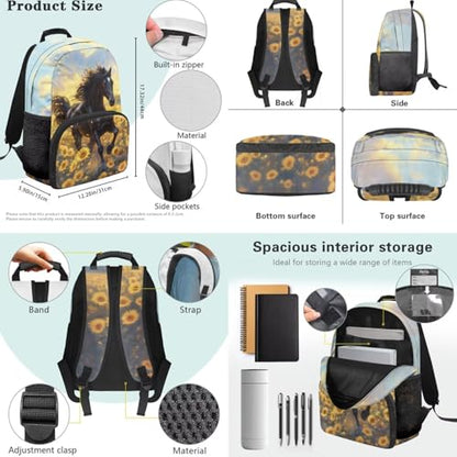 4-Piece Kids Backpack Set, Horse Sunflower Print School Bookbag with Lunch Bag, Pencil Case & Water Bottle Holder for Girls and Boys Elementary School Daily Use - color: Sunflower Horse Print