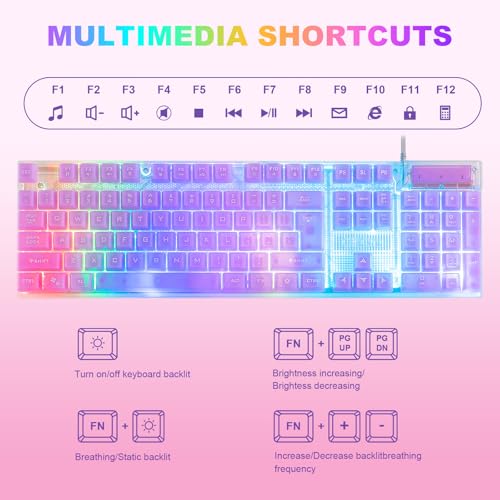 Wired LED Gaming Keyboad and Mouse Combo, 10 RGB Backlit Effects for PC | 104 Keys Light Up, Silent, Transparent, Anti-ghosting, Purple Gaming Mouse and Keyboard for Laptop Xbox PS4 PS5 Gamers Work