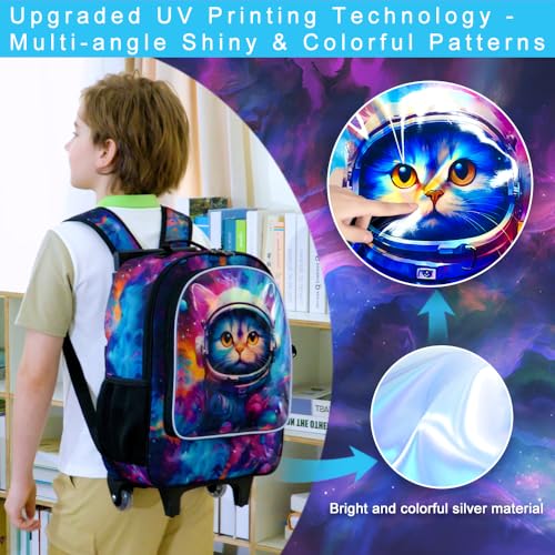 gxtvo Kids Rolling Backpack for Girls, Roller Wheeled Bookbag - Wheeled Elementary School Bag - 3PCS Cat - color: Space Cat Rolling Set
