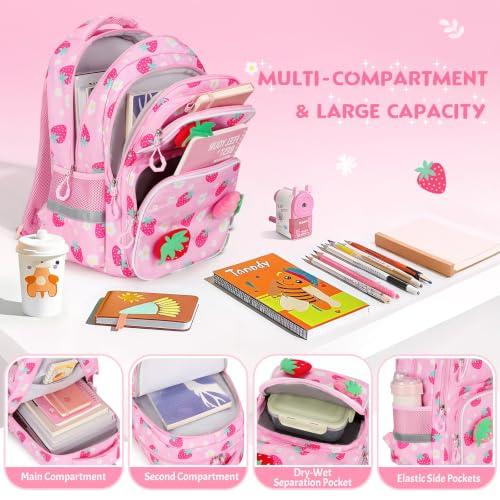 Kids Backpack for Girls 4-8, Cute 3D Plush Strawberry Toddler Backpack with 34oz Lunch Box, Insulated Bag, Pen Case & Utensils, School Bookbag for Preschool Kindergarten Elementary Student - color: Strawberry