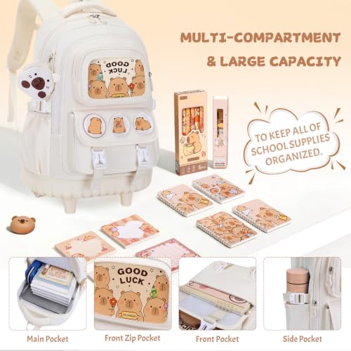Capybara Rolling Backpack for Girls - 3PCS Girls Backpack Kids Suitcase with Lunch Box & Pencil Case Travel - Capybara Backpack with Wheels for Kindergarten Preschool Elementary (Beige) - color: Beige