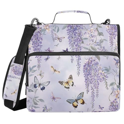 Purple Butterflies and Lavender Zipper Binder 3 Ring 1.5 Inch School Binder Organizer with Shoulder Strap Handle File Folder Pockets Large Capacity Students Girl Boy Men Office Work - color: Purple Butterflies and Lavender