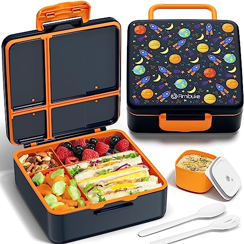 Fimibuke Bento Lunch Box for Kids, Toddler Bento Box with 4 Compartments | Leak Proof BPA Free Dishwasher Safe Lunch Container with Utensils, Ideal Portion Sizes for Ages 3-12 Girls Boys for School - color: A14. Space