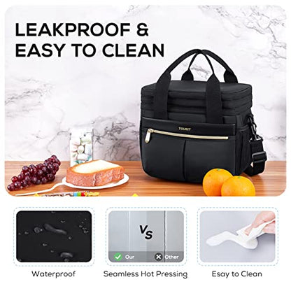 TOURIT Insulated Lunch Box Bag, Double Deck Leakproof Cooler Tote for Work Office Picnic, Expandable Lunch Container, Black - color: Black
