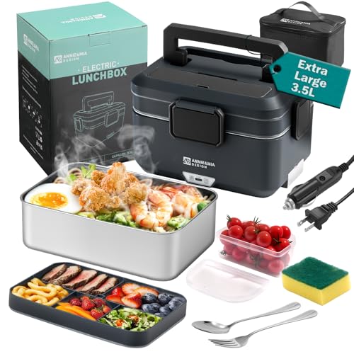 Annie & Mia Design Electric Lunch Box for Adults, 100w 3.5L 2-Layer Portable Food Warmer, Dual Mode 2.5L + 1L Heated Lunch Box for Adults, Home/Car/Office/Truck Use, Lonchera Eléctrica Portátil - color: urban alloy