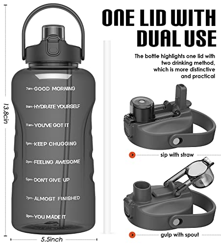 HydroPal 1 Gallon Water Bottles with Straw, 128 oz Water Bottle BPA Free Innovative 2-IN-1 Lid Gym Bottle with Times to Drink Motivational, Large for Sports Fitness Camping Water Jug （13.8X5.5 inch） - color: Graphite